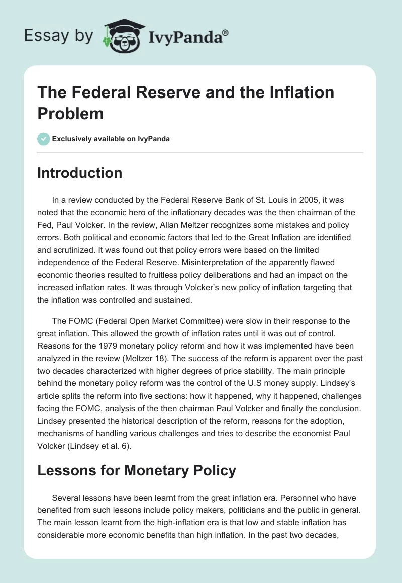 The Federal Reserve and the Inflation Problem. Page 1