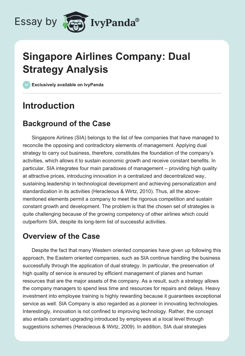 Singapore Airlines Company: Dual Strategy Analysis. Page 1