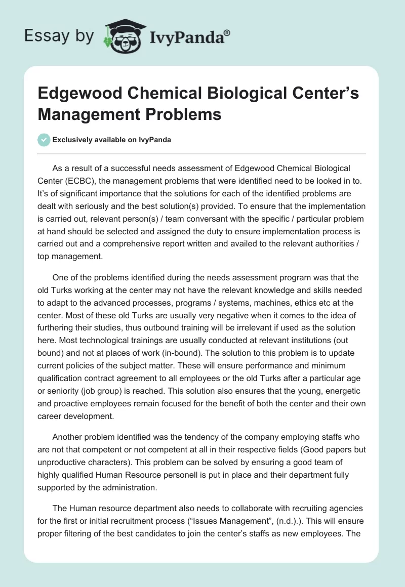 Edgewood Chemical Biological Center’s Management Problems. Page 1