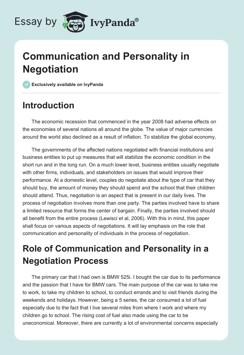 Communication and Personality in Negotiation. Page 1