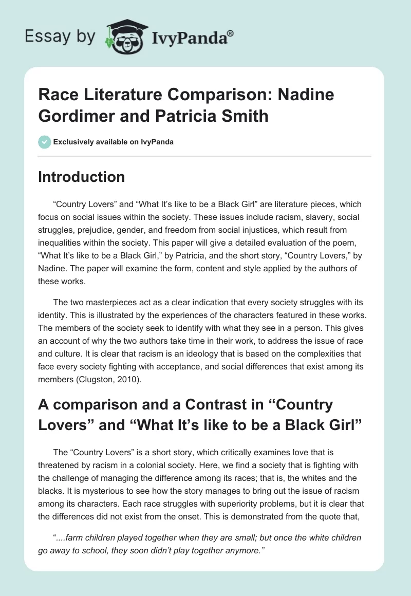 Race Literature Comparison: Nadine Gordimer and Patricia Smith. Page 1
