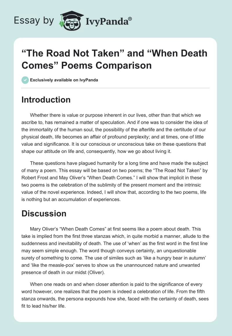 “The Road Not Taken” and “When Death Comes” Poems Comparison. Page 1