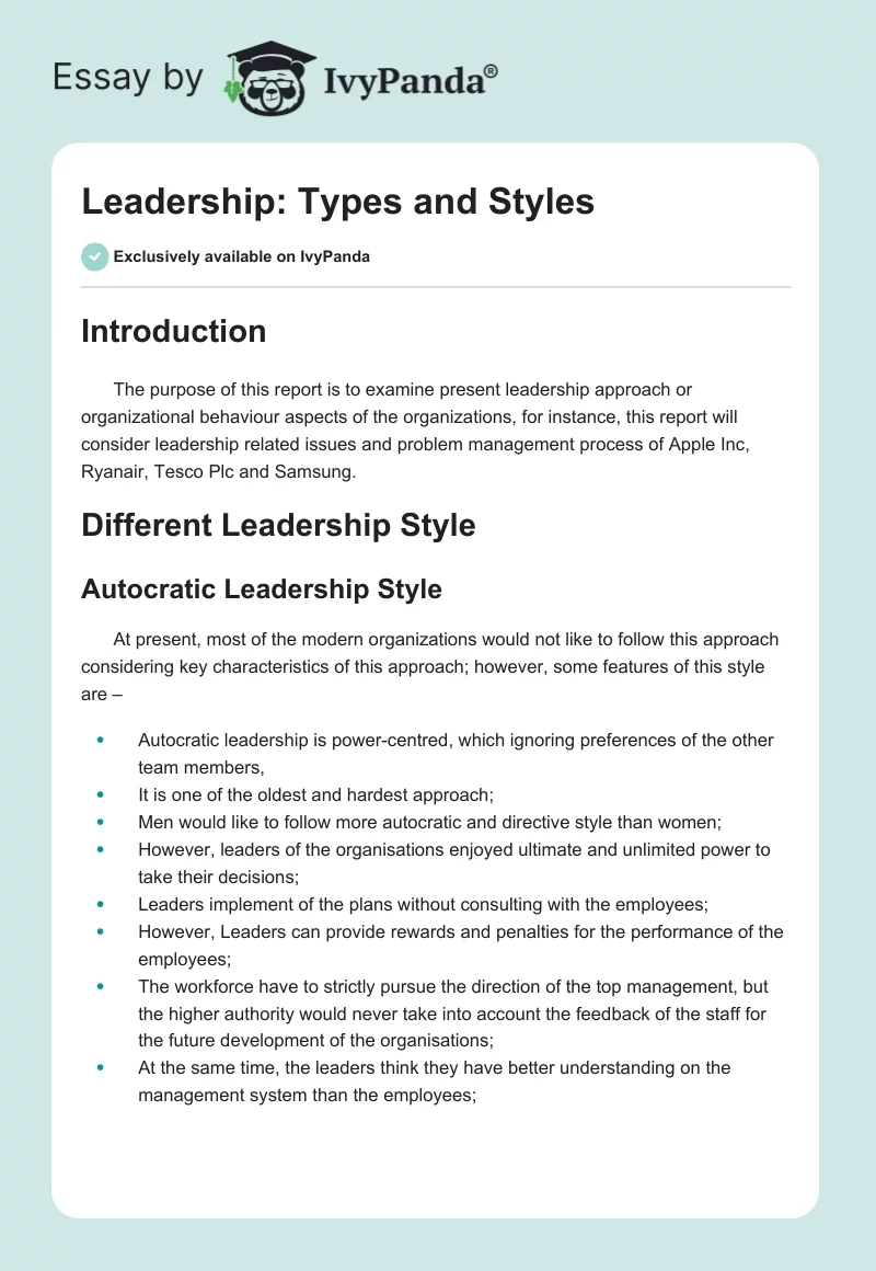 Leadership: Types and Styles. Page 1