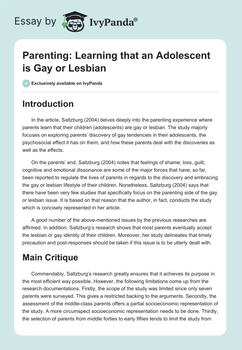 Parenting: Learning That an Adolescent Is Gay or Lesbian. Page 1