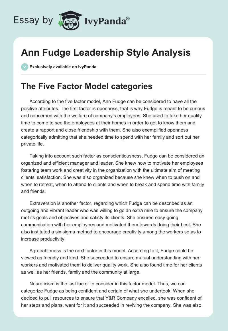 Ann Fudge Leadership Style Analysis. Page 1