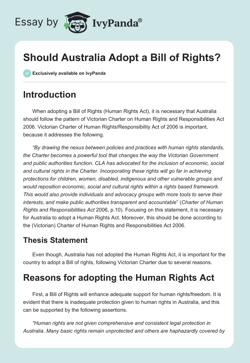 Should Australia Adopt a Bill of Rights?. Page 1