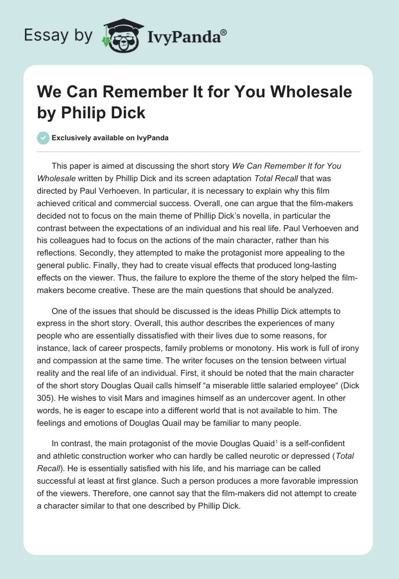 "We Can Remember It for You Wholesale" by Philip Dick. Page 1