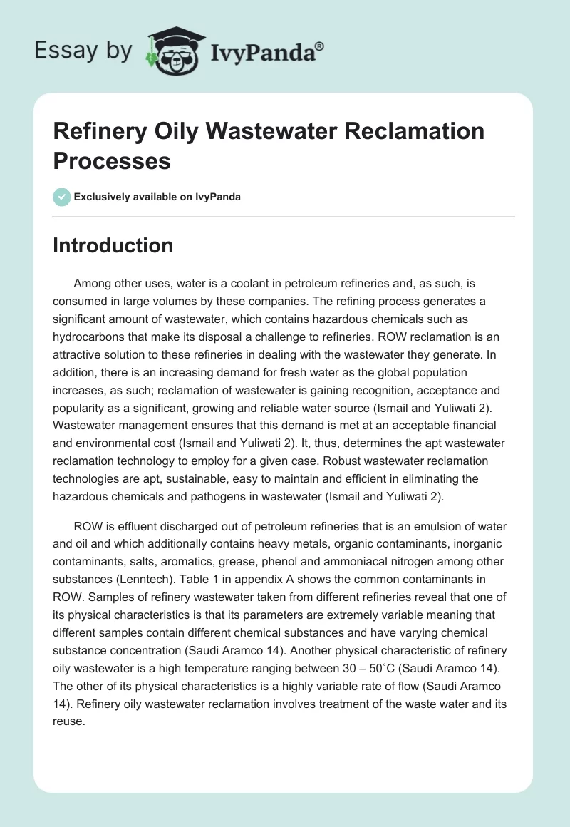Refinery Oily Wastewater Reclamation Processes. Page 1