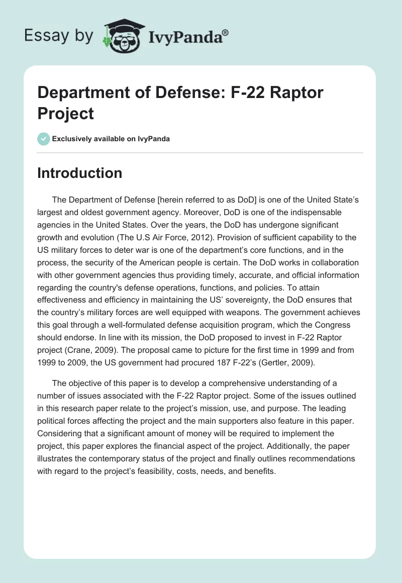 Department of Defense: F-22 Raptor Project. Page 1