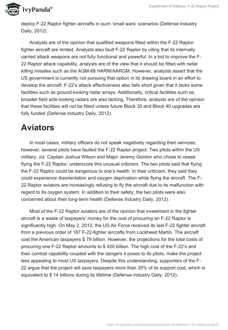 Department of Defense: F-22 Raptor Project. Page 5
