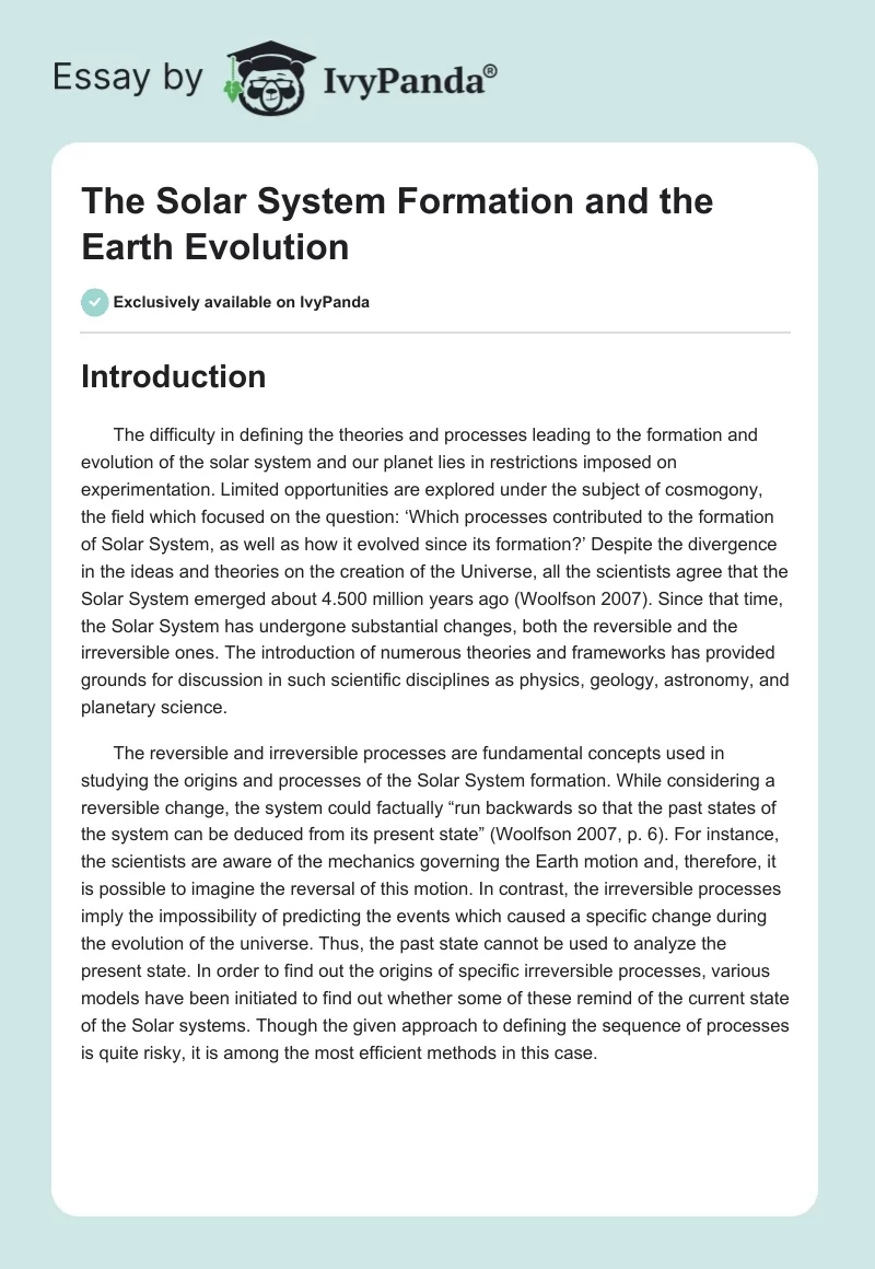 The Solar System Formation and the Earth Evolution. Page 1