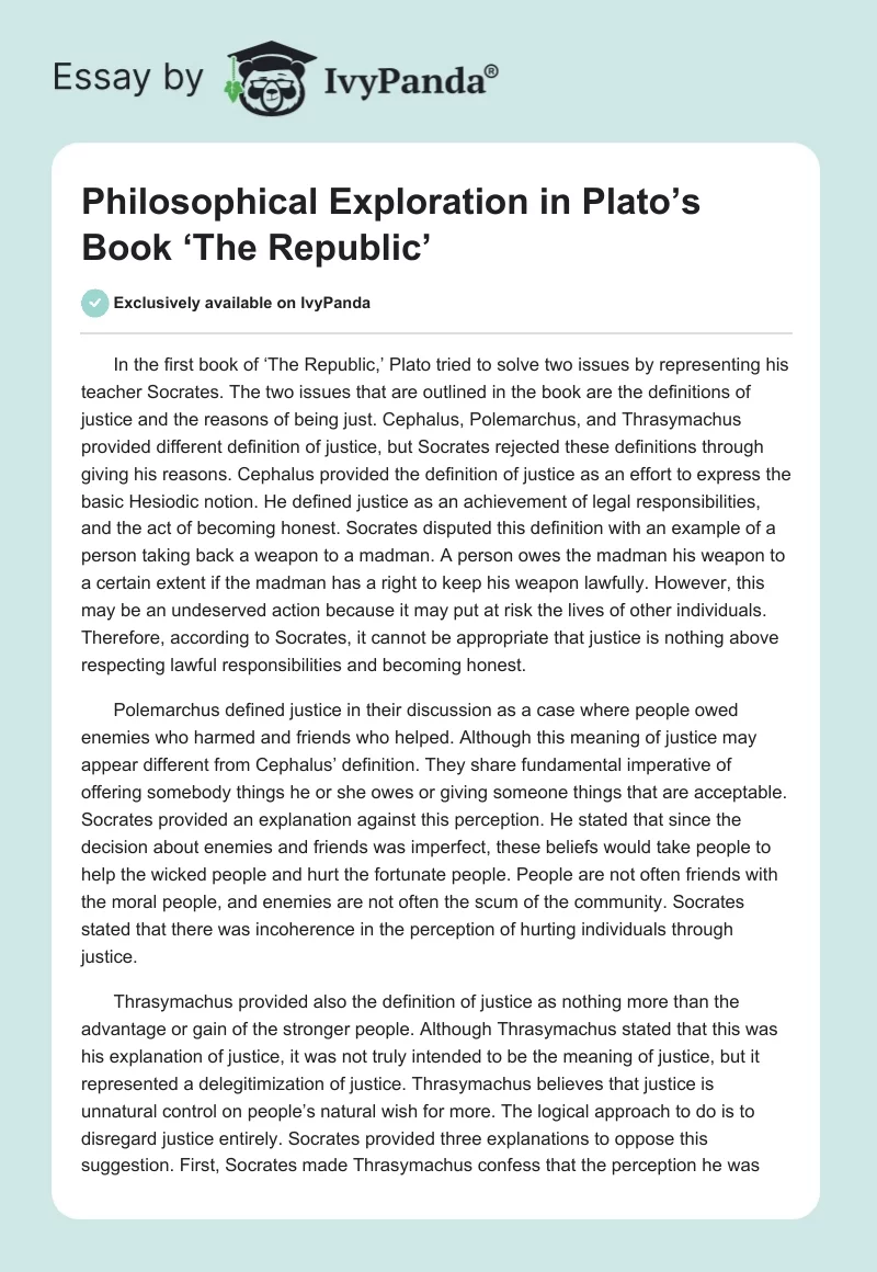 Philosophical Exploration in Plato’s Book ‘The Republic’. Page 1