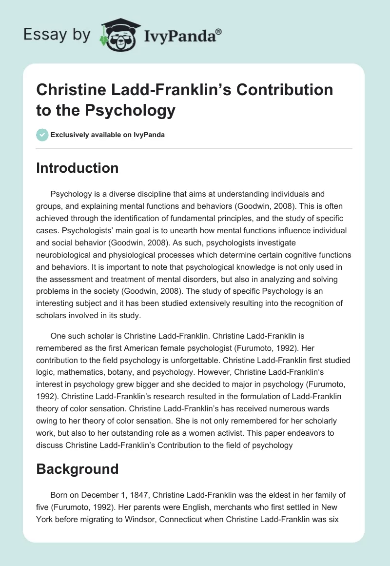 Christine Ladd-Franklin’s Contribution to the Psychology. Page 1
