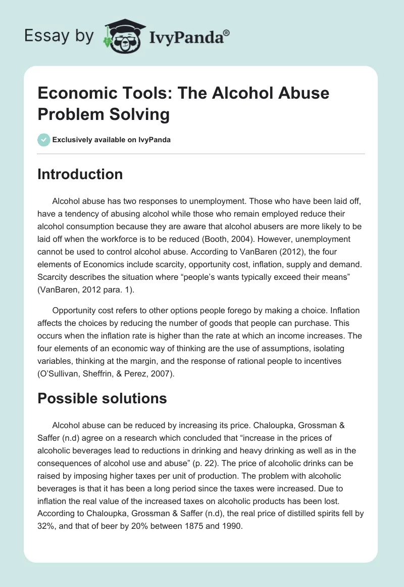 Economic Tools: The Alcohol Abuse Problem Solving. Page 1