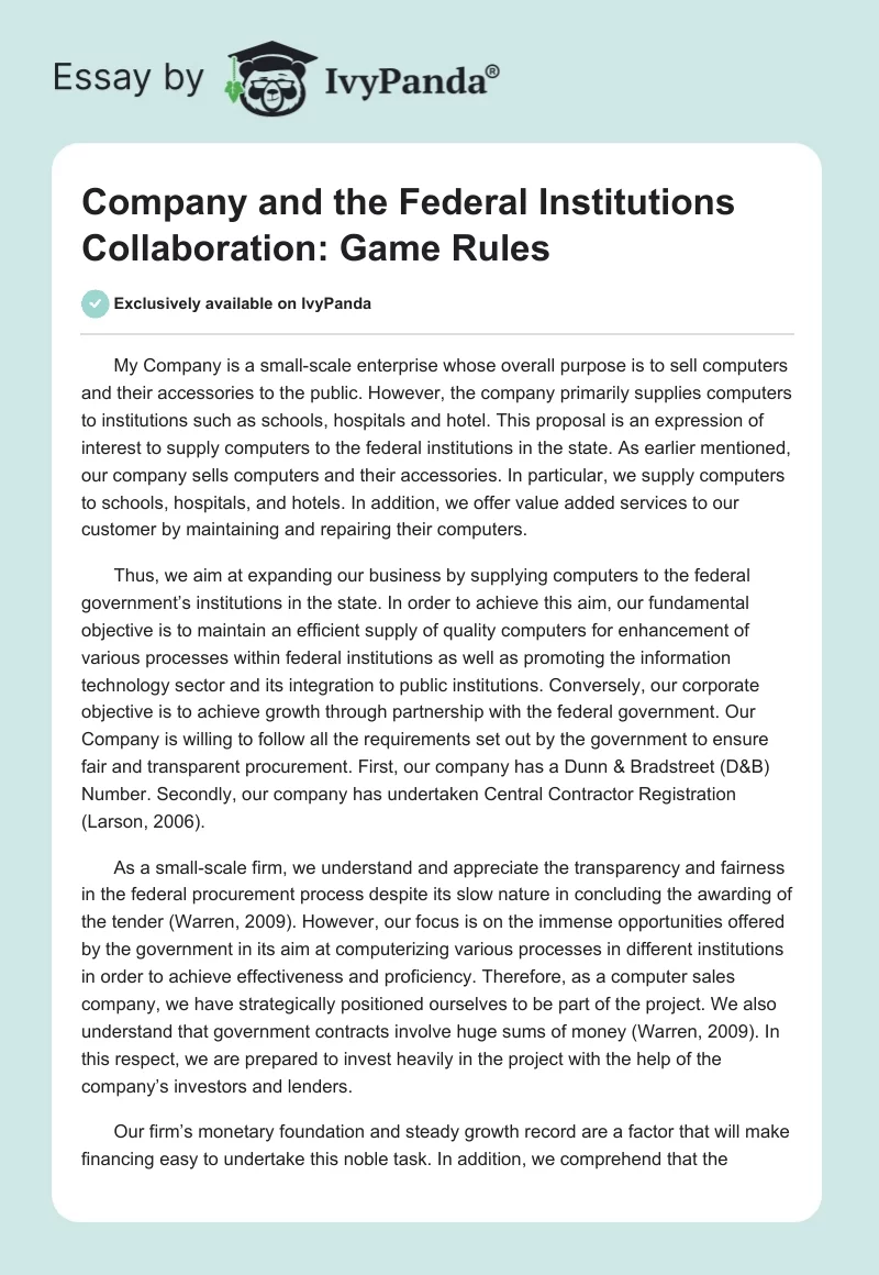 Company and the Federal Institutions Collaboration: Game Rules. Page 1