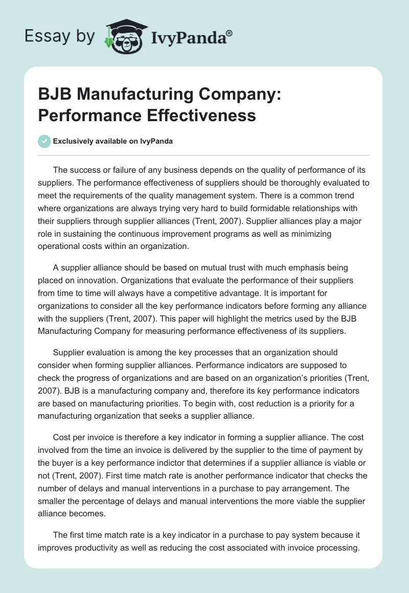 BJB Manufacturing Company: Performance Effectiveness. Page 1