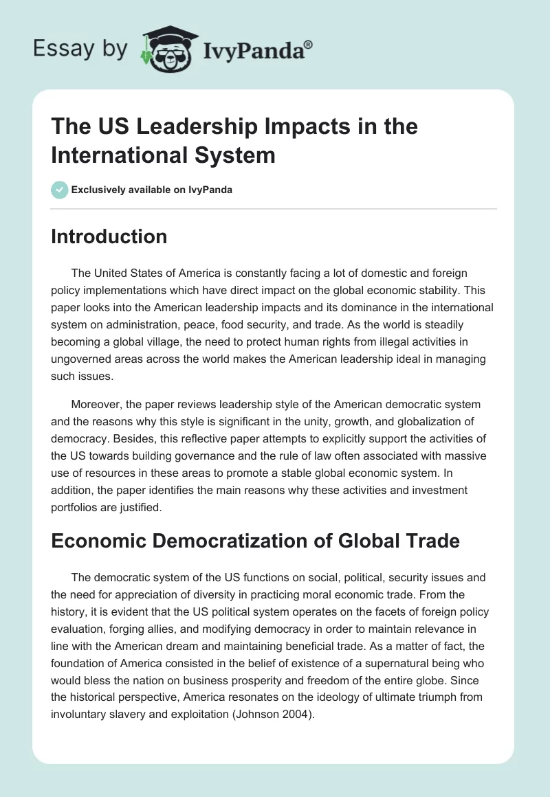 The US Leadership Impacts in the International System. Page 1