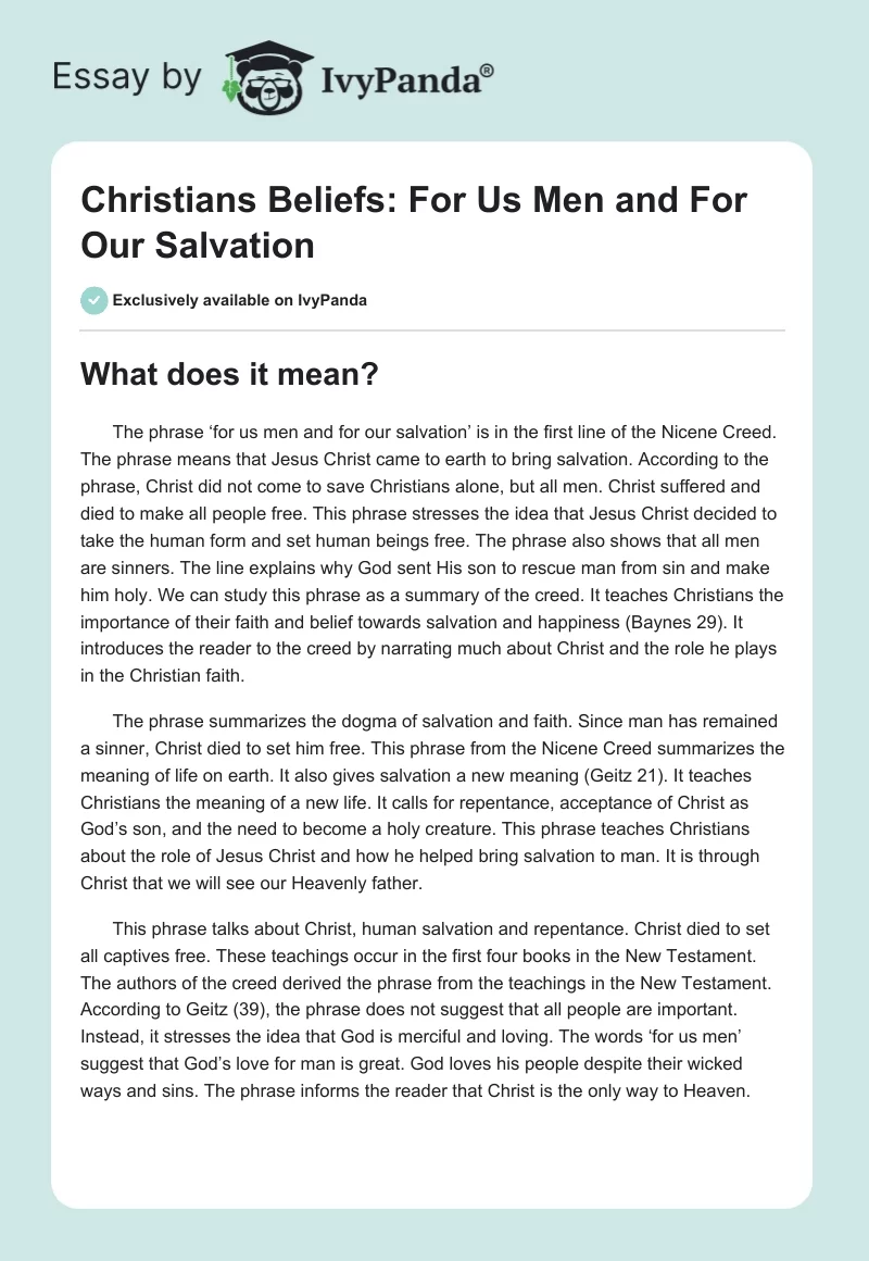 Christians Beliefs: "For Us Men and For Our Salvation". Page 1