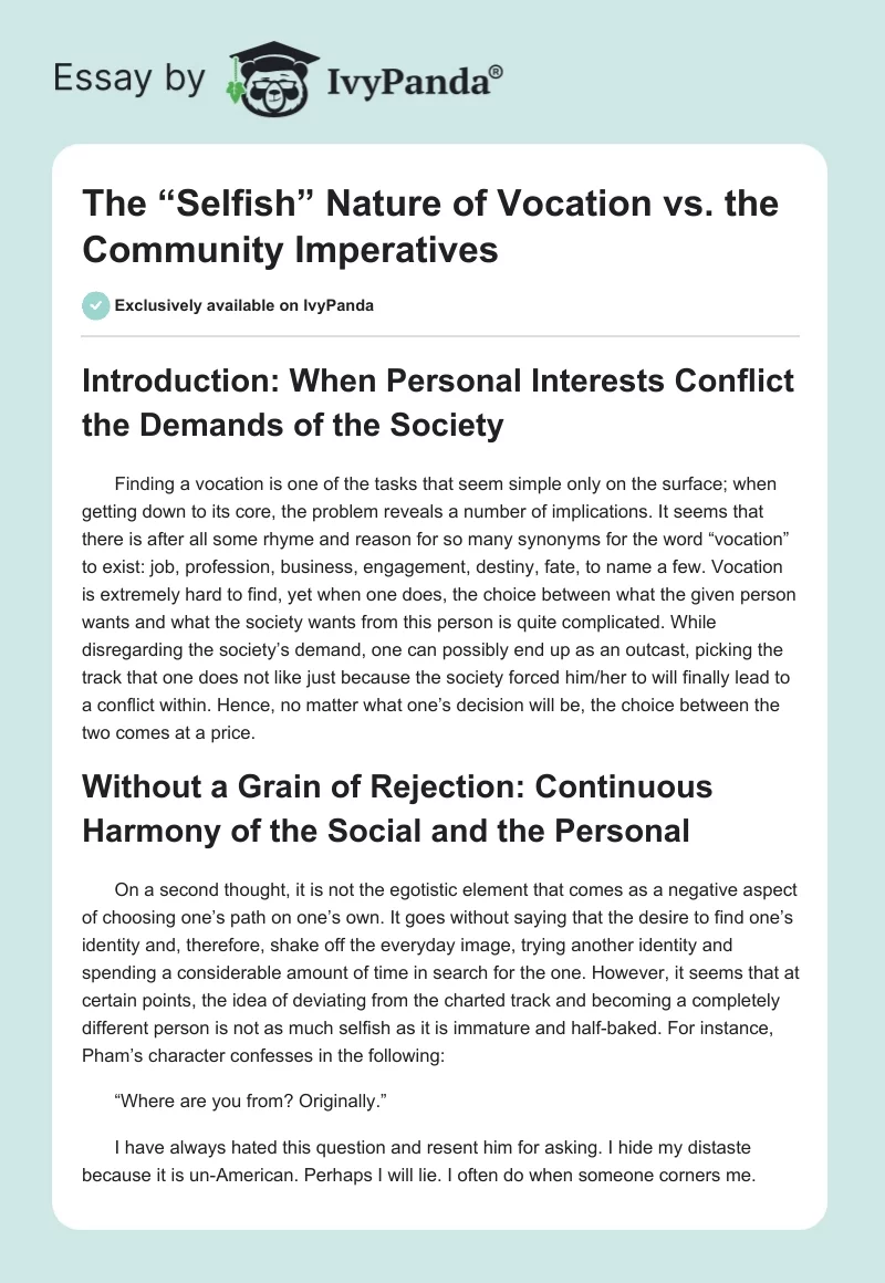 The “Selfish” Nature of Vocation vs. the Community Imperatives. Page 1