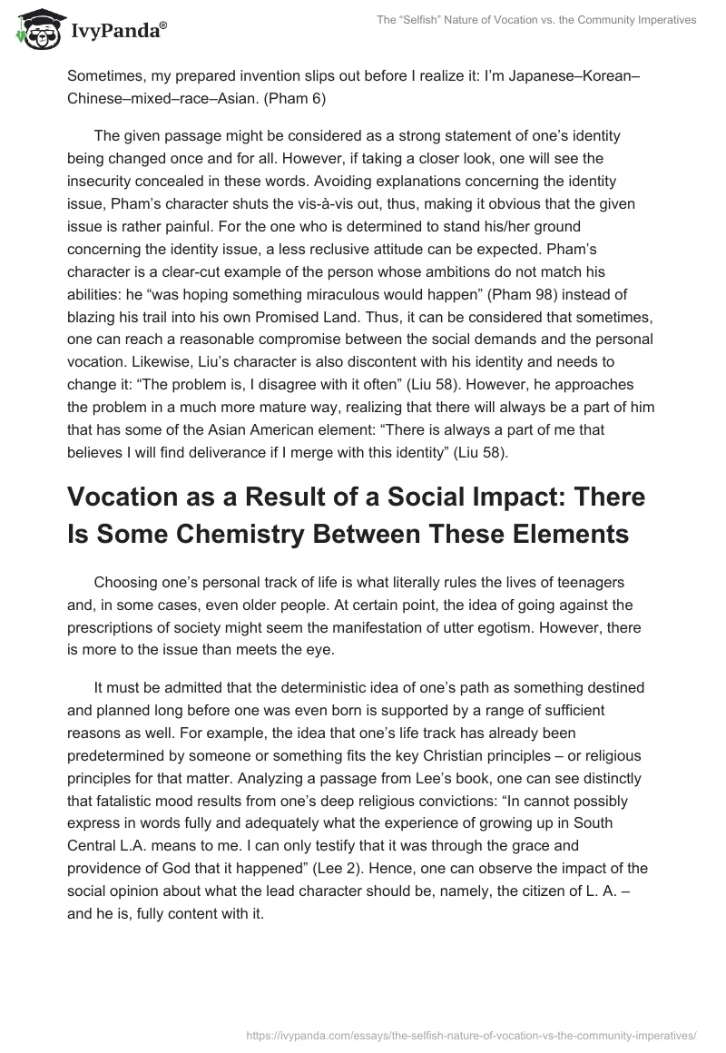 The “Selfish” Nature of Vocation vs. the Community Imperatives. Page 2