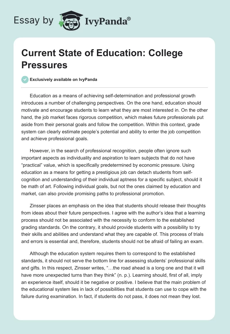 Current State of Education: College Pressures. Page 1
