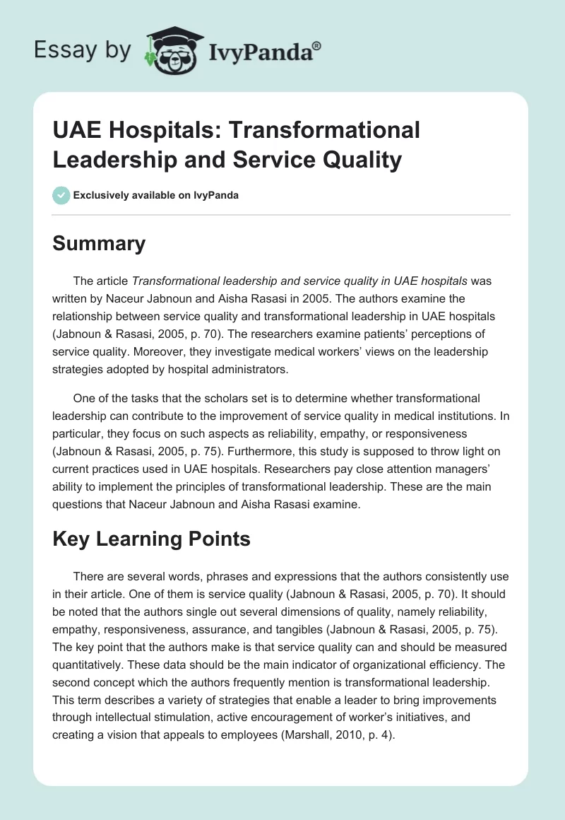 UAE Hospitals: Transformational Leadership and Service Quality. Page 1