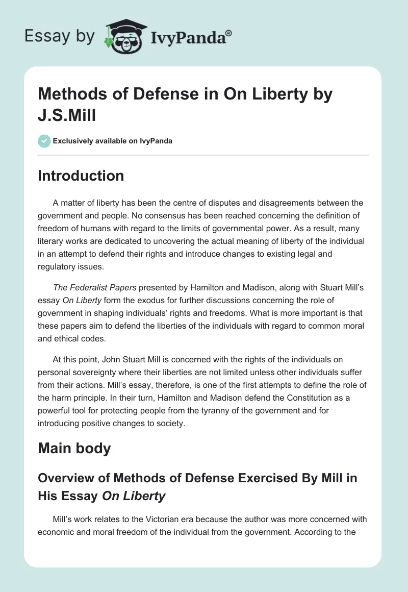 Methods of Defense in "On Liberty" by J.S.Mill. Page 1