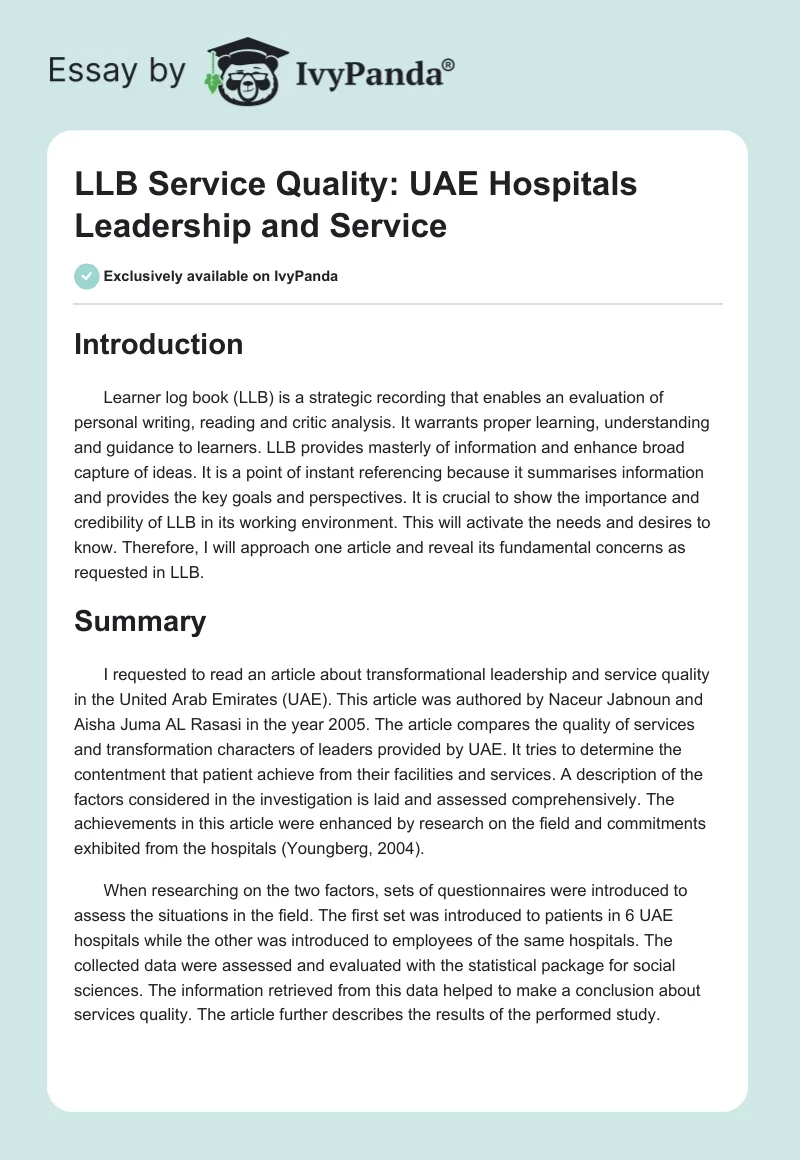 LLB Service Quality: UAE Hospitals Leadership and Service. Page 1