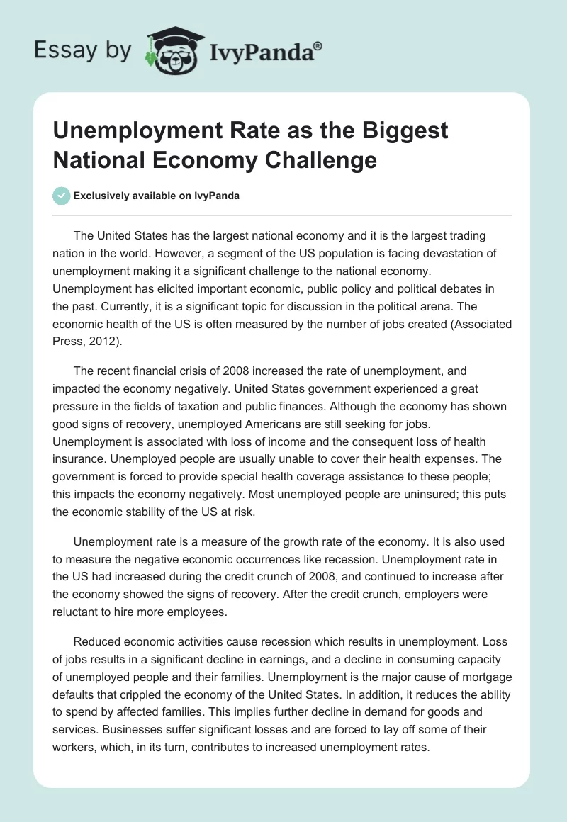 Unemployment Rate as the Biggest National Economy Challenge. Page 1
