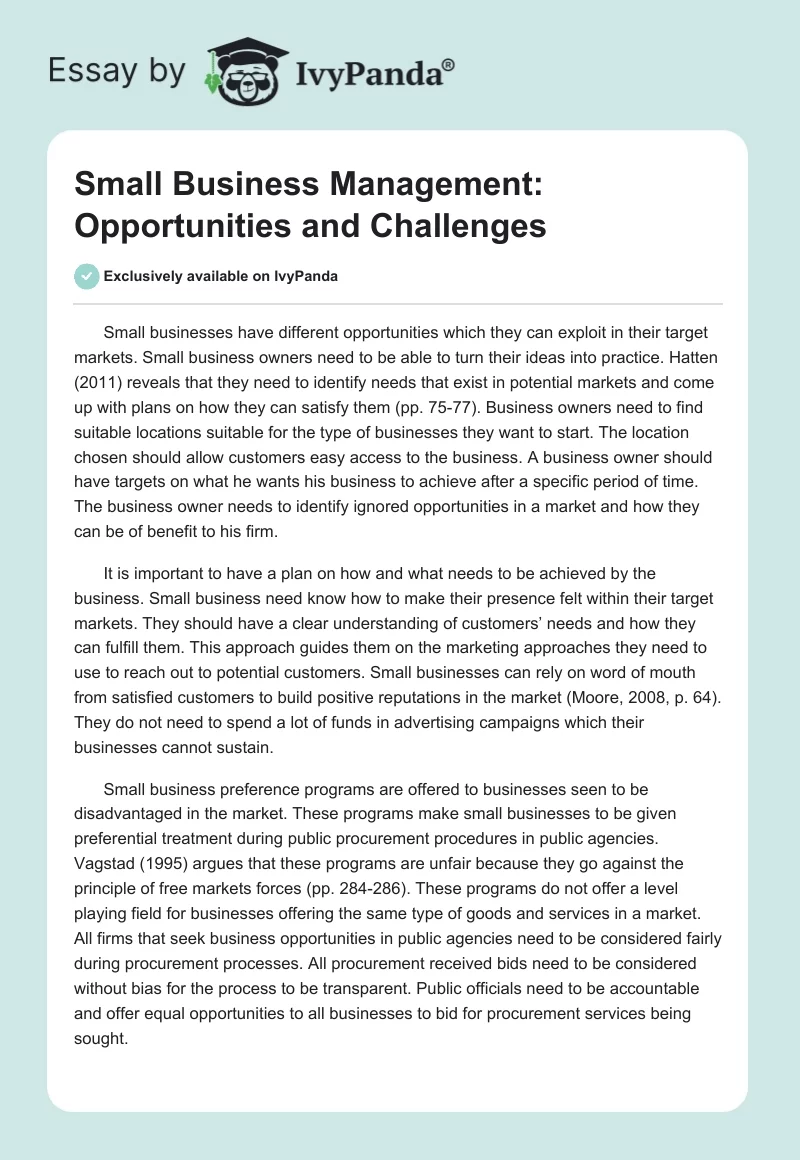 Small Business Management: Opportunities and Challenges. Page 1