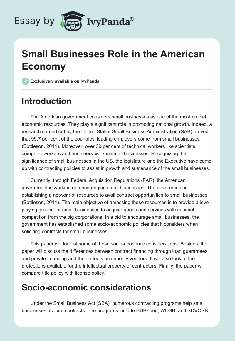 Small Businesses Role in the American Economy. Page 1