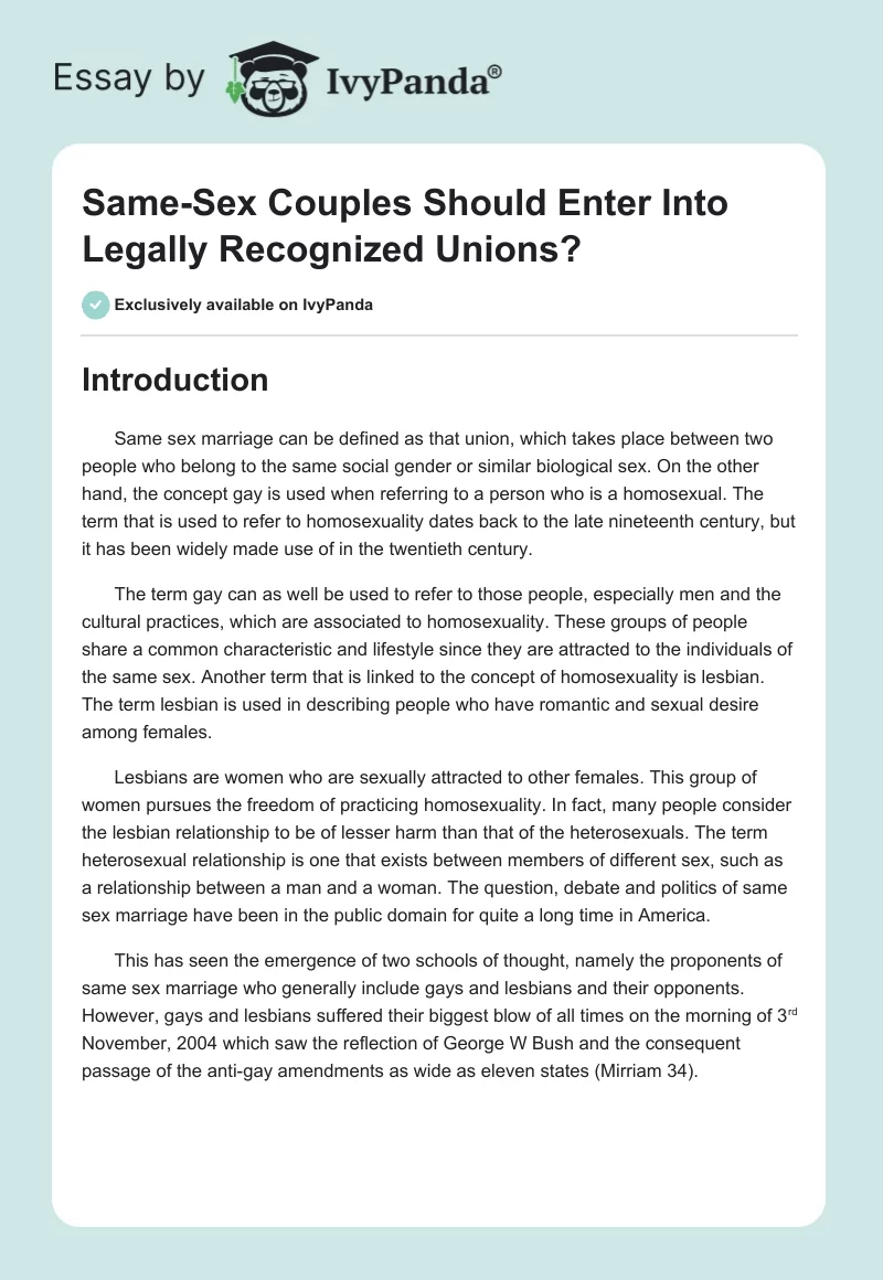 Same-Sex Couples Should Enter Into Legally Recognized Unions?. Page 1