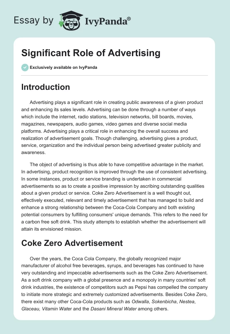Significant Role of Advertising. Page 1