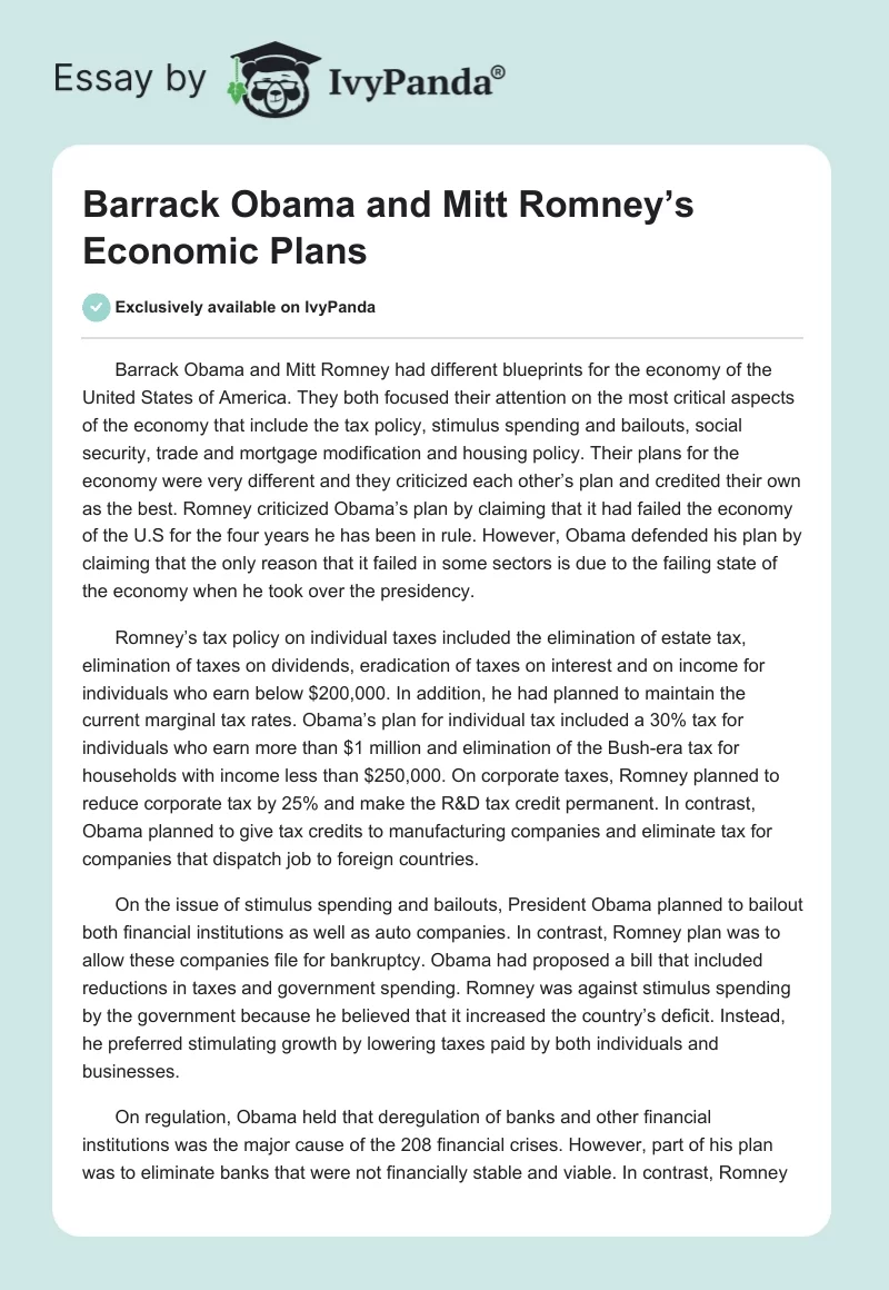 Barrack Obama and Mitt Romney’s Economic Plans. Page 1