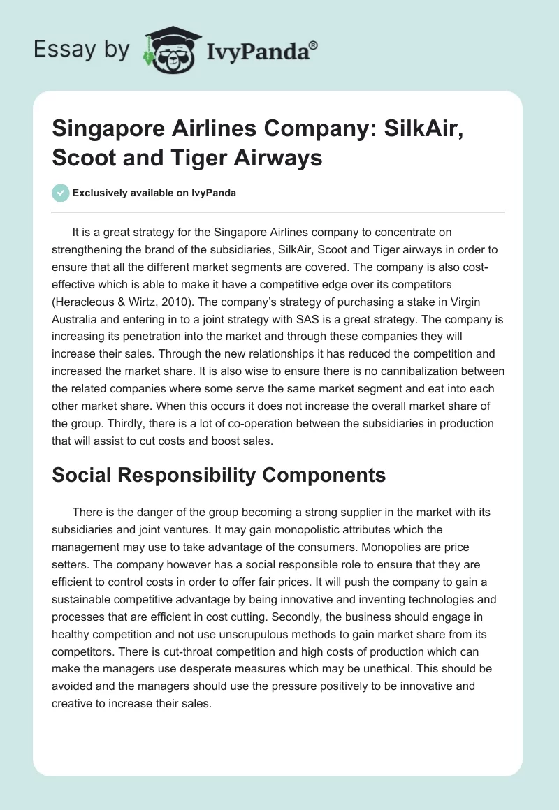 Singapore Airlines Company: SilkAir, Scoot and Tiger Airways. Page 1