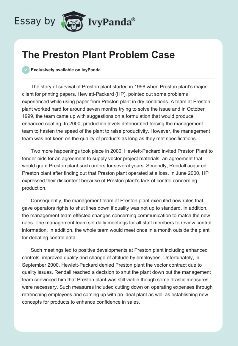 The Preston Plant Problem Case. Page 1