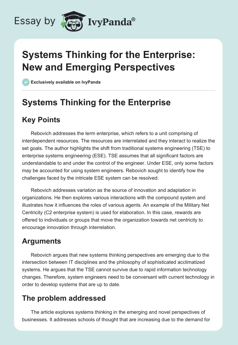 Systems Thinking for the Enterprise: New and Emerging Perspectives. Page 1