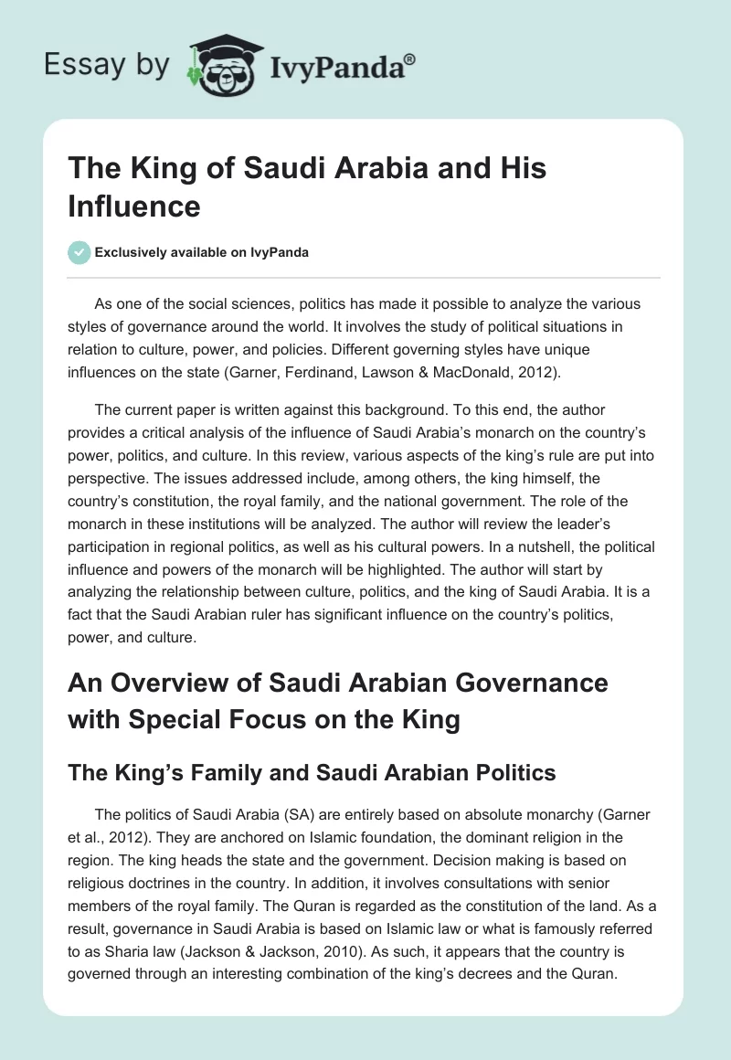 The King of Saudi Arabia and His Influence. Page 1