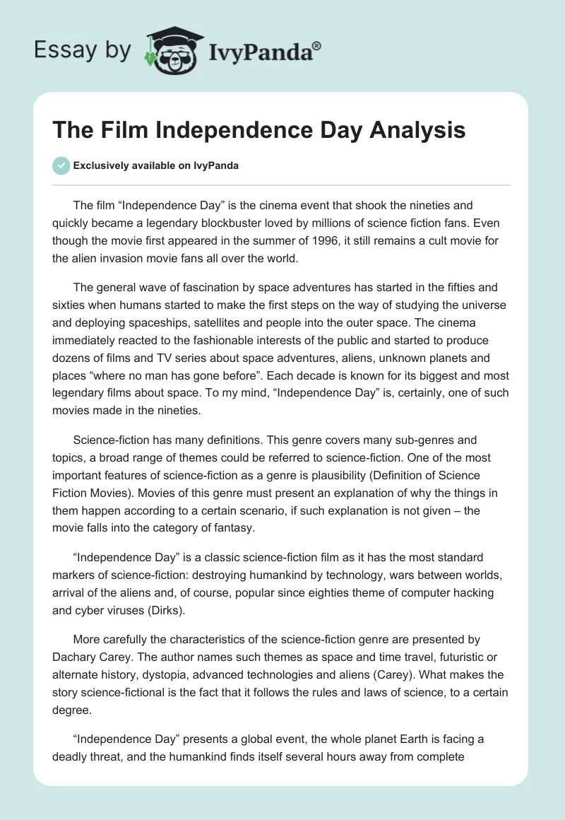 The Film "Independence Day" Analysis. Page 1