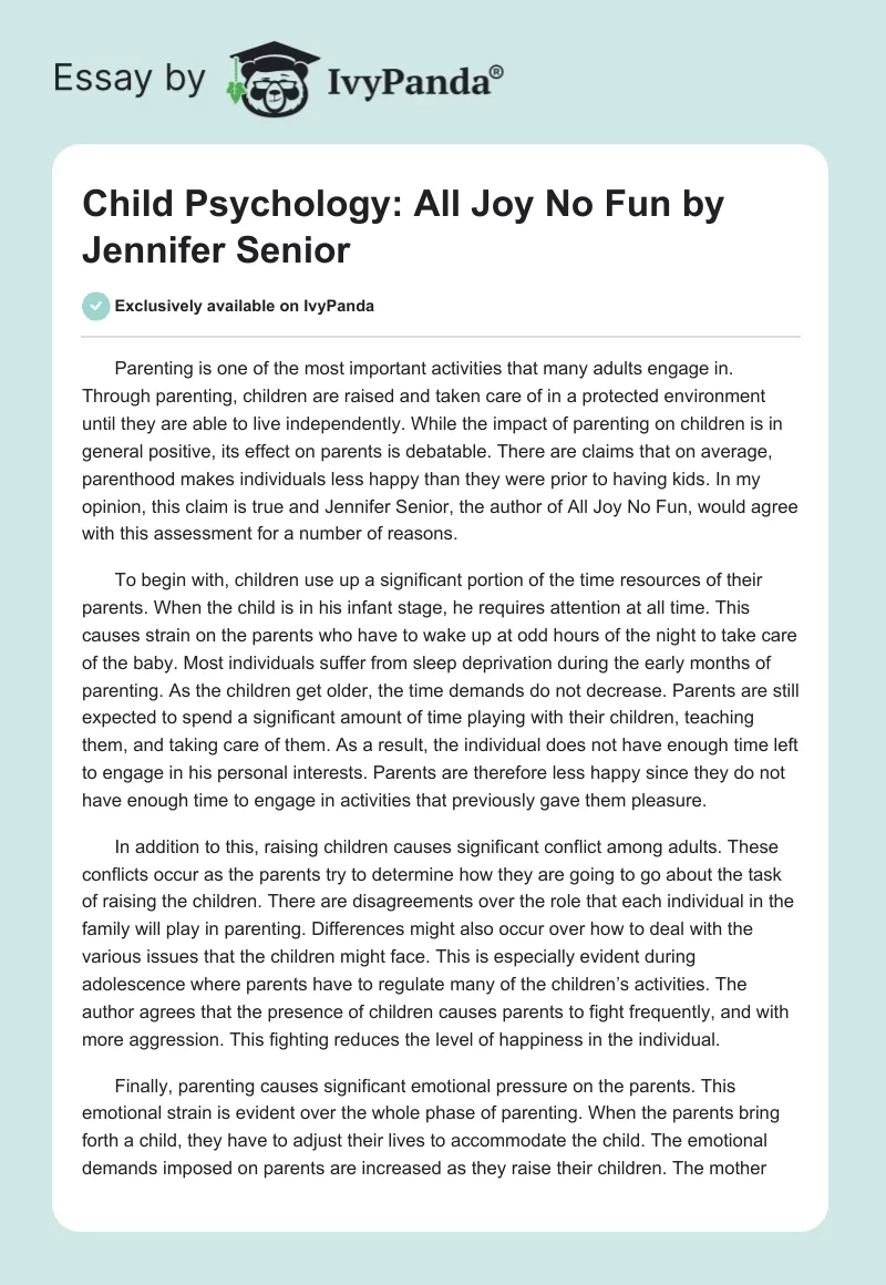 Child Psychology: "All Joy No Fun" by Jennifer Senior. Page 1