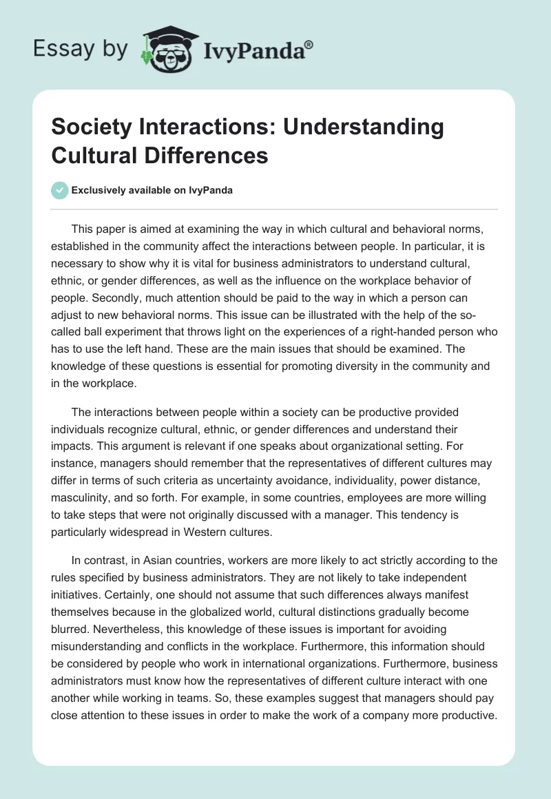 Society Interactions: Understanding Cultural Differences. Page 1