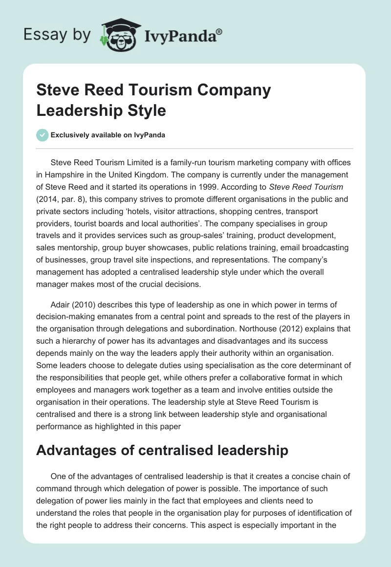 Steve Reed Tourism Company Leadership Style. Page 1