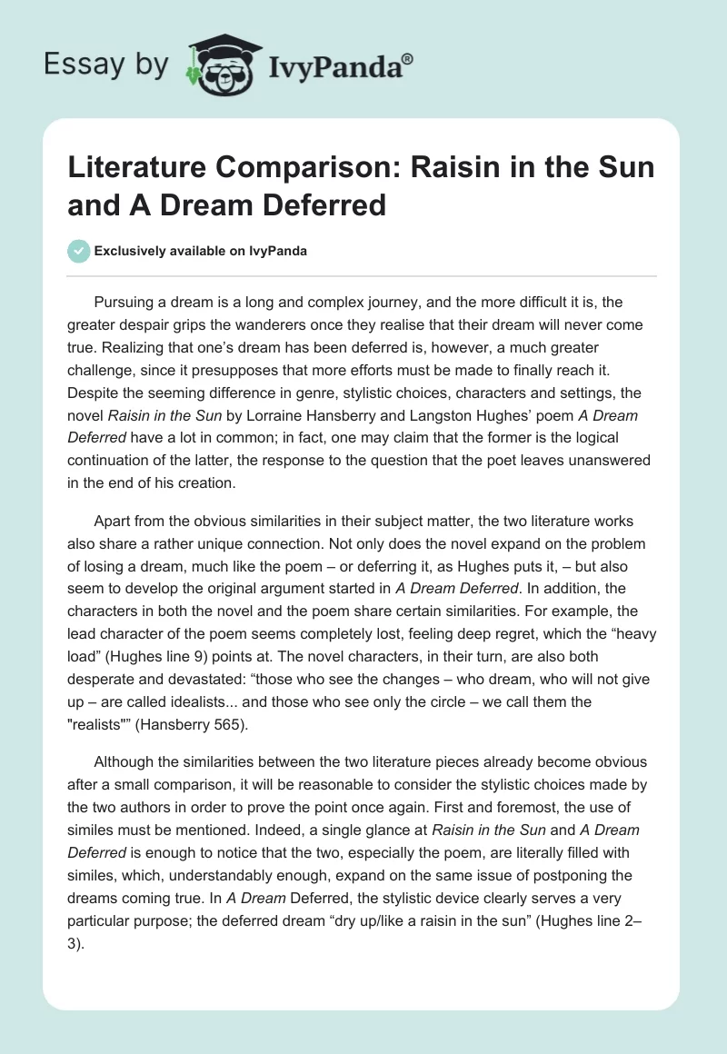 Literature Comparison: A Raisin in the Sun and A Dream Deferred. Page 1