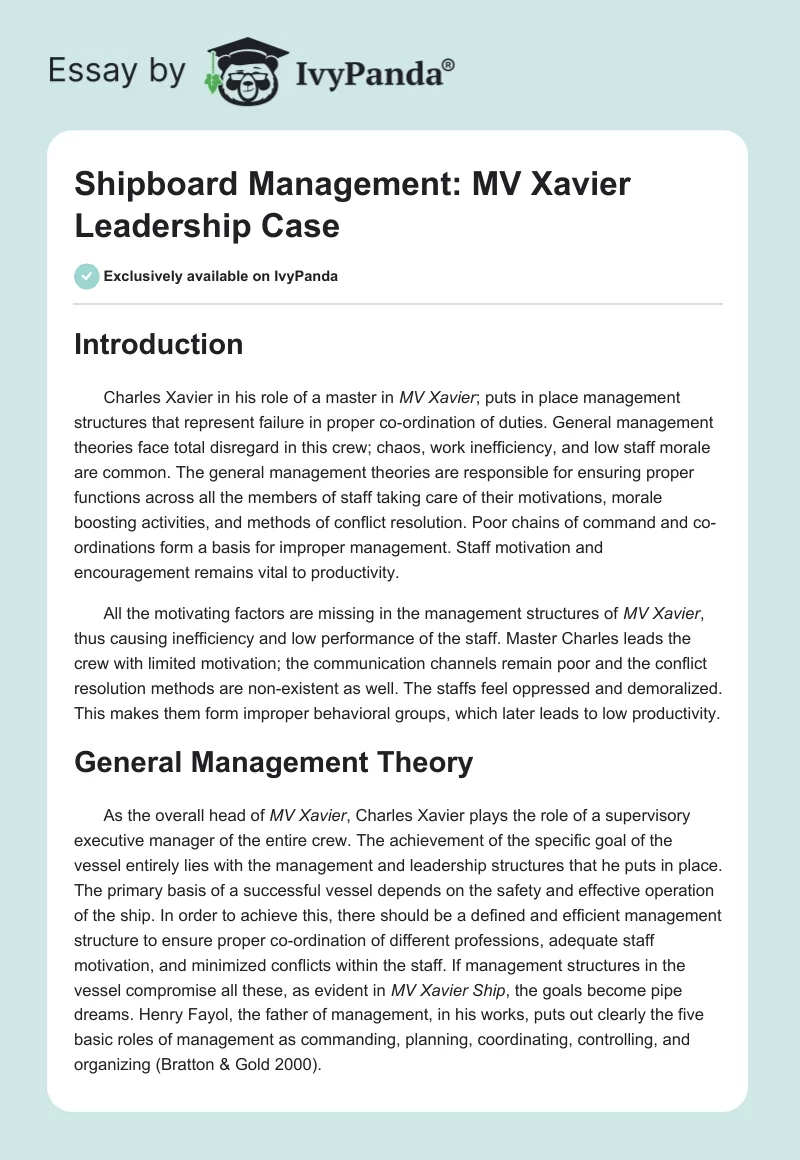 Shipboard Management: MV Xavier Leadership Case. Page 1