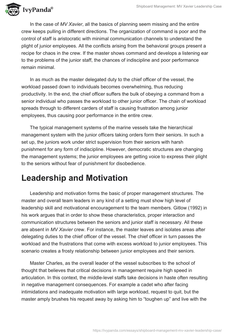 Shipboard Management: MV Xavier Leadership Case. Page 2