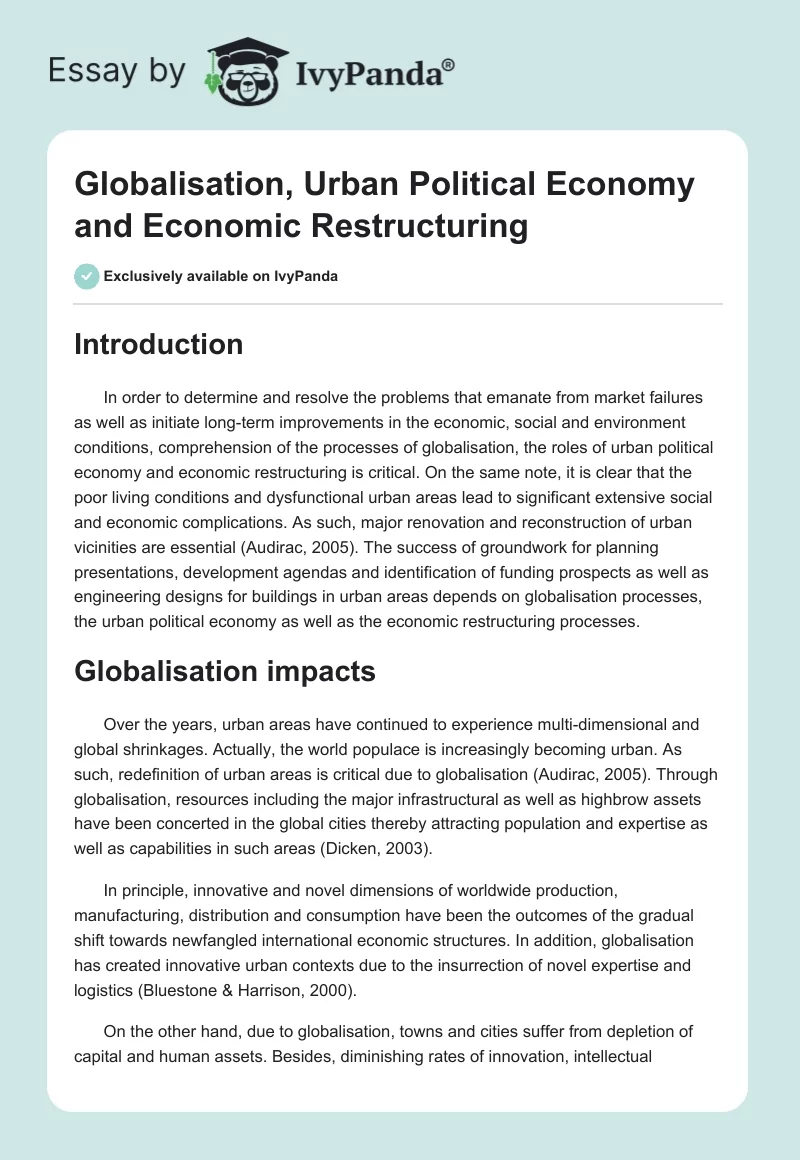 Globalisation, Urban Political Economy and Economic Restructuring. Page 1