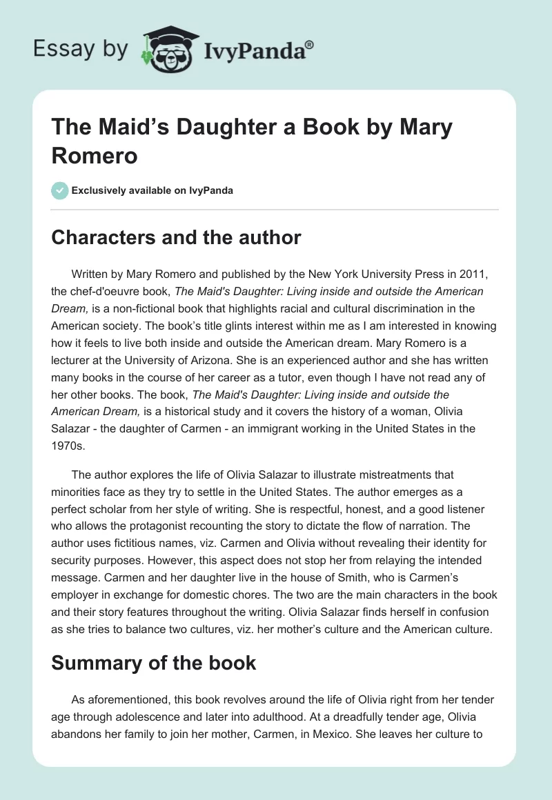 "The Maid’s Daughter" a Book by Mary Romero. Page 1