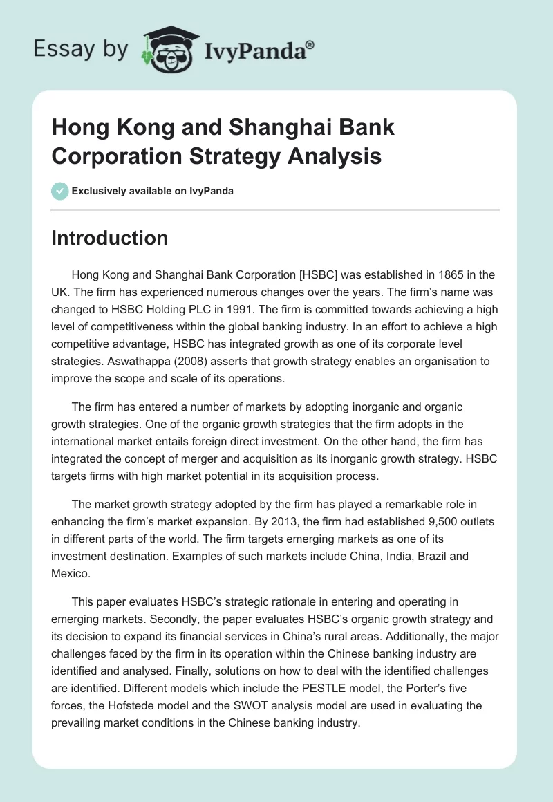 Hong Kong and Shanghai Bank Corporation Strategy Analysis. Page 1