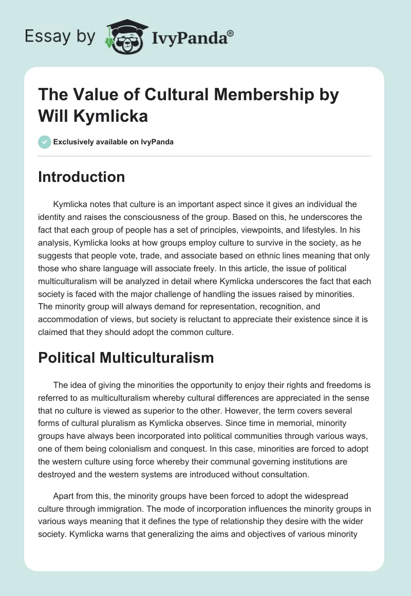 "The Value of Cultural Membership" by Will Kymlicka. Page 1