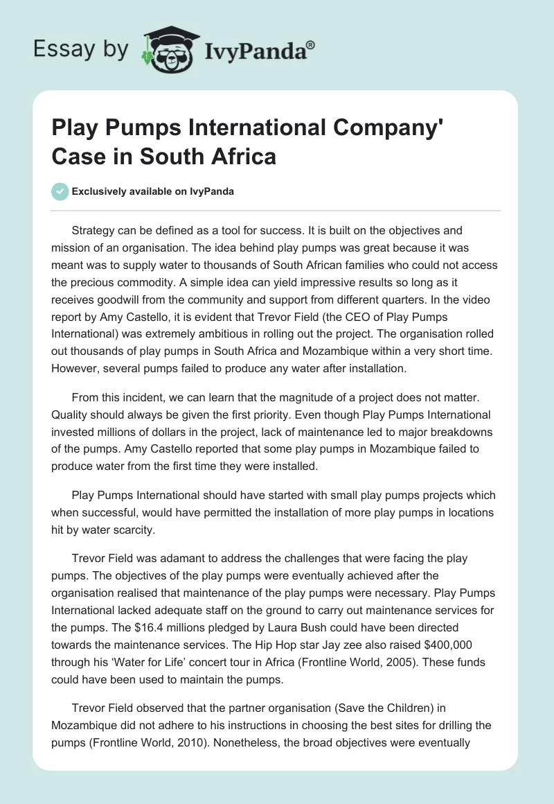 Play Pumps International Company' Case in South Africa. Page 1